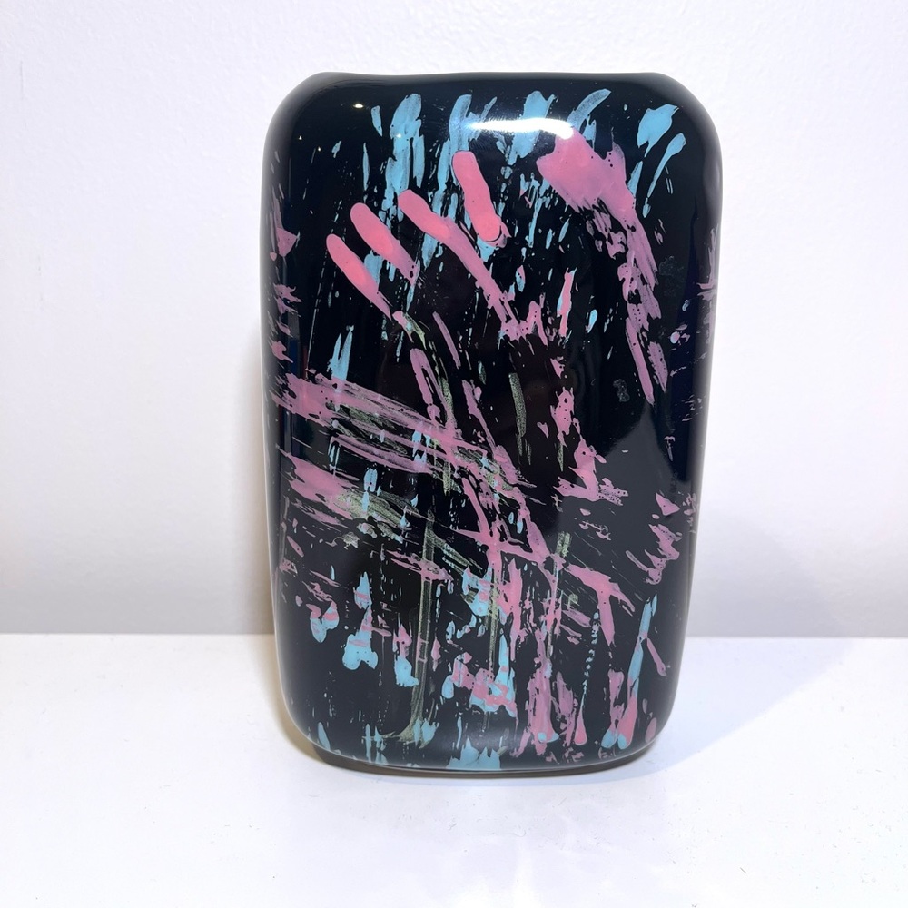 Vintage 90s Abstract Black Vase with Pink and Blue Accents